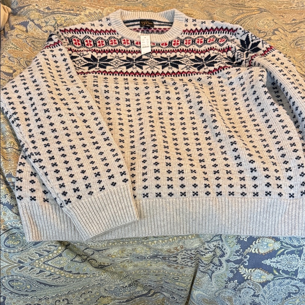 J. Crew Beige and Navy Patterned 💯 Cashmere Crewneck Sweater